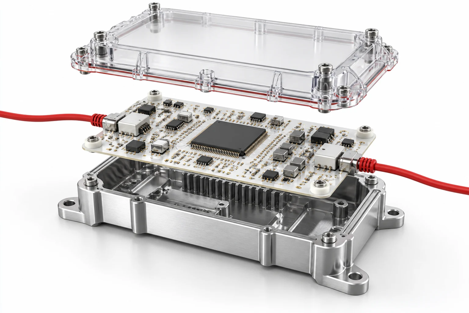 Concept illustration of a custom controller with circuit board, enclosure and cover separated to show the engineering inside